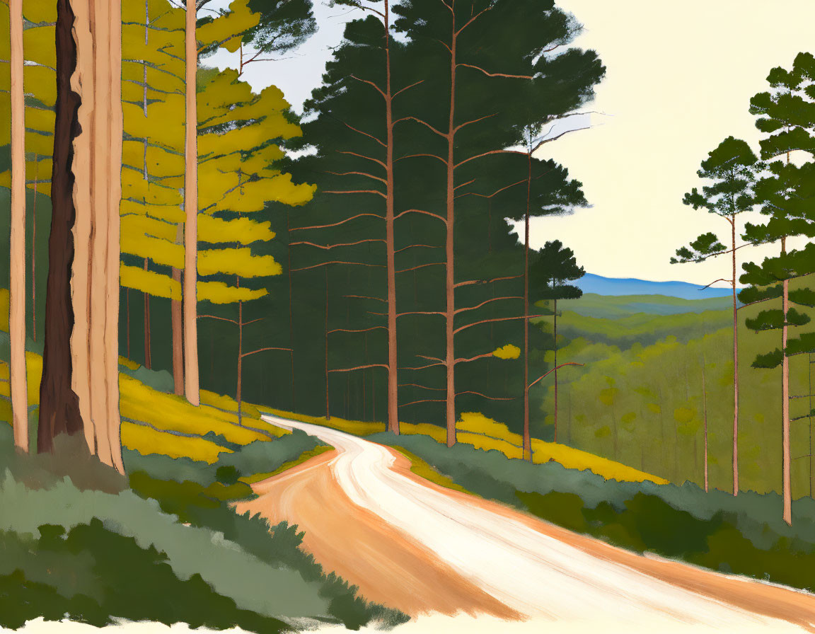 Scenic dirt road winding through tall pine forest