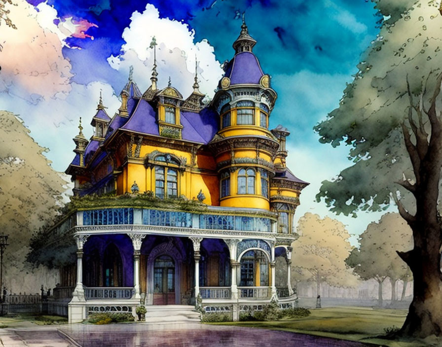 Victorian-style mansion with vibrant yellow and blue colors and ornate towers in scenic landscape