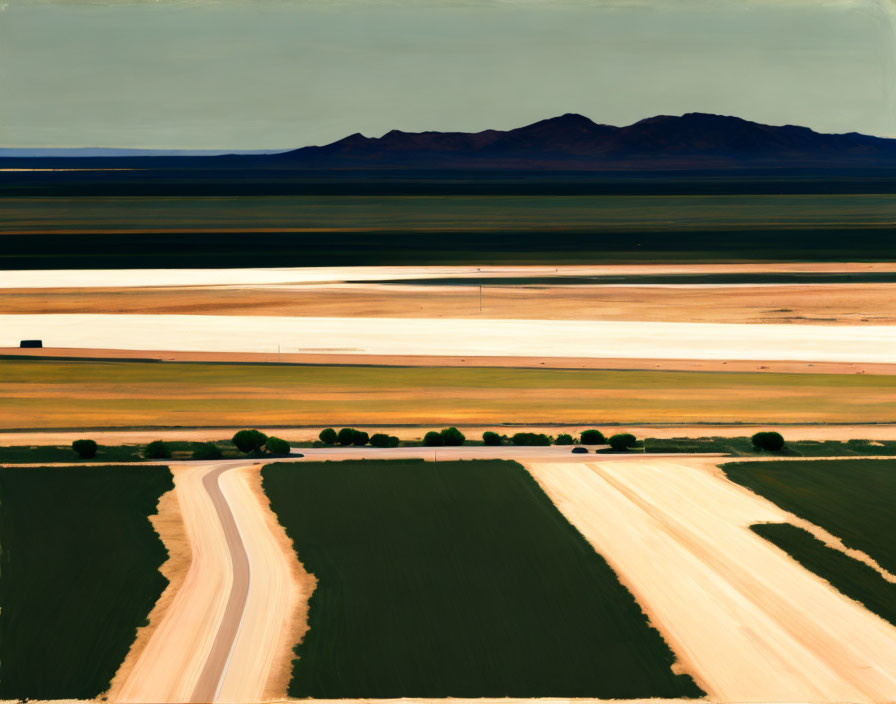 Colorful landscape painting: flat fields, curved road, trees, distant mountains under wide sky