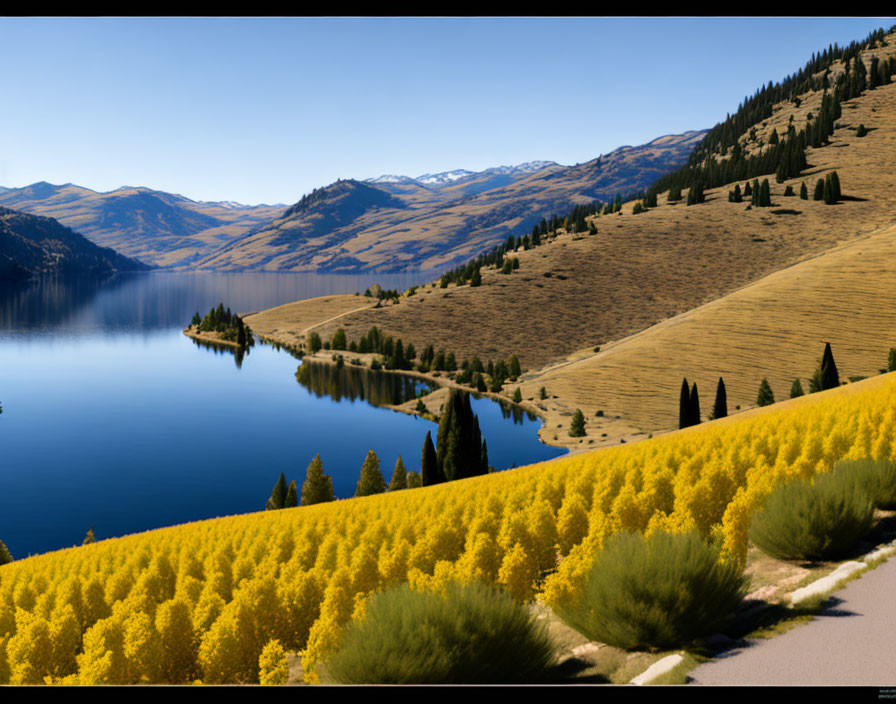 Tranquil lake, mountains, clear sky, yellow flowers scene