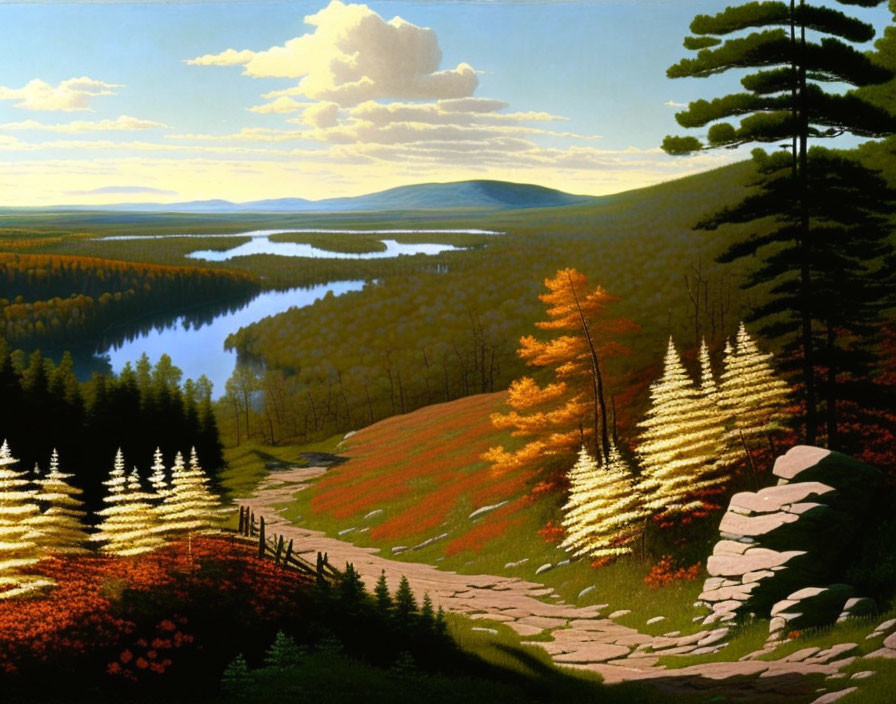 Colorful Landscape Painting with Greenery, Autumn Trees, Lake, and Hills