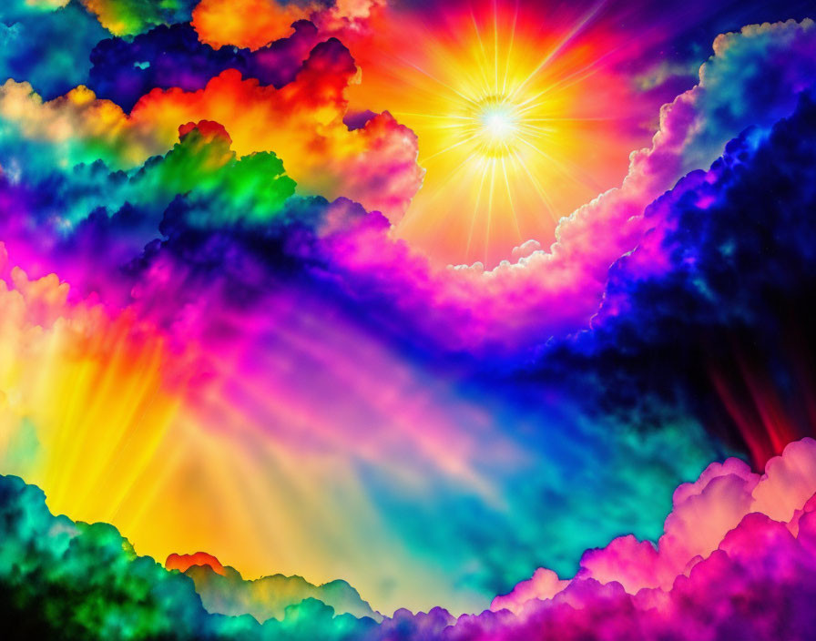 Colorful Clouds Surrounding Bright Sun in Dark Sky