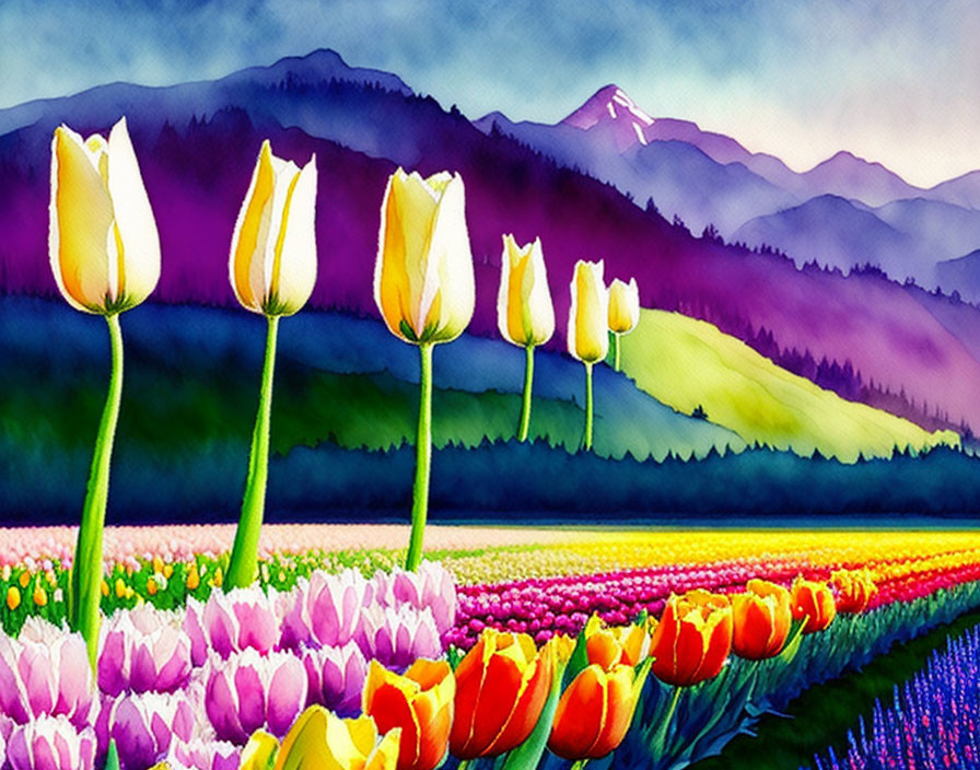 Colorful Watercolor Painting of Tulip Field with Mountain Background