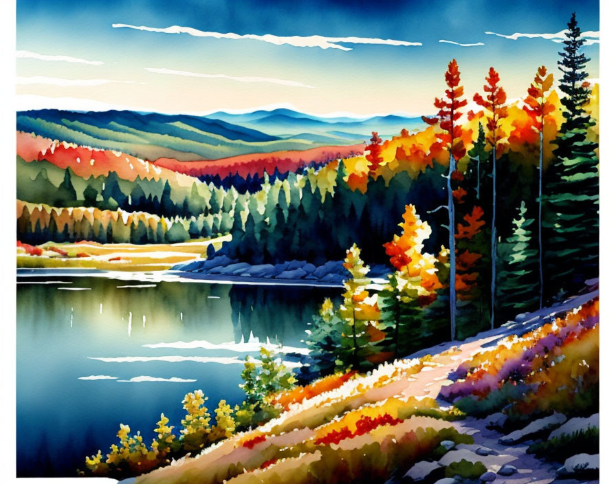 Colorful autumn forest watercolor painting with lake reflection