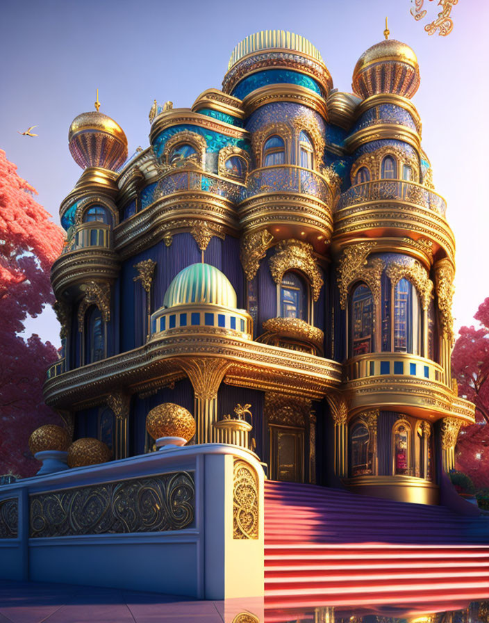 Fantastical palace with blue and gold domes amid pink flowering trees