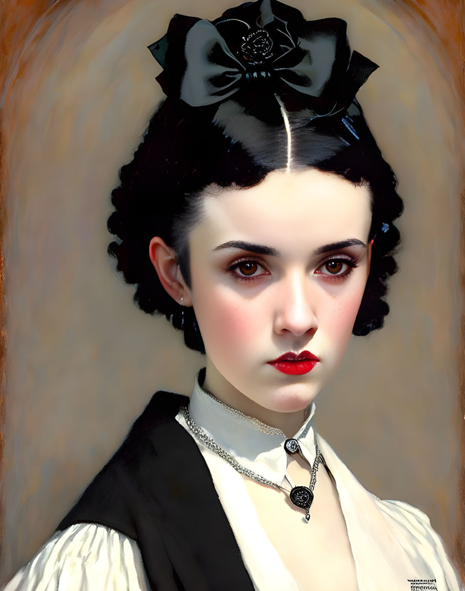 Portrait of woman with pale skin, dark curly hair, black bow, red lips, vintage attire