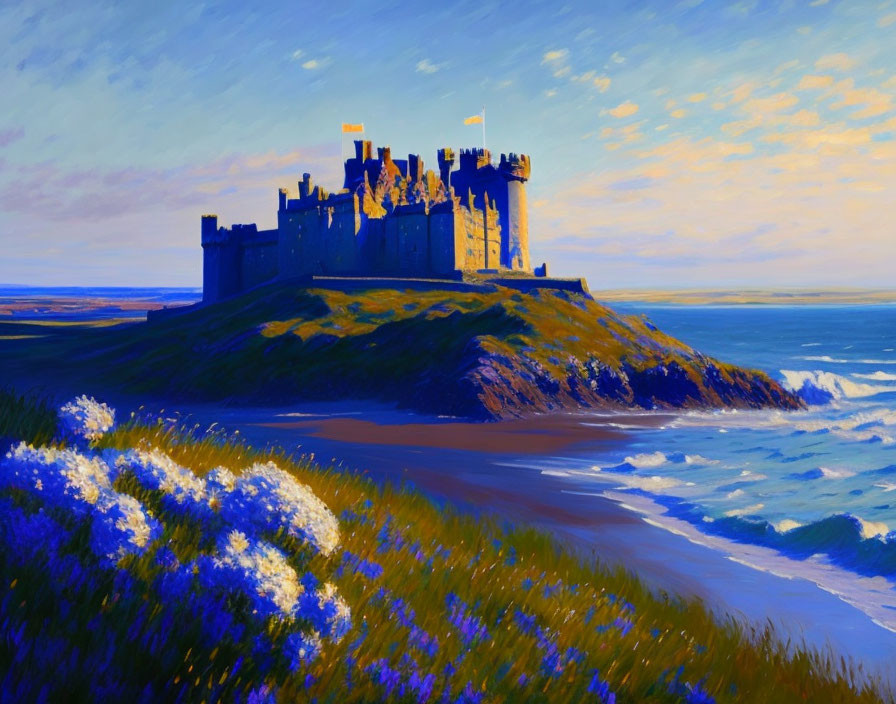 Vibrant painting of grand castle on seaside cliff with wildflowers and blue sky