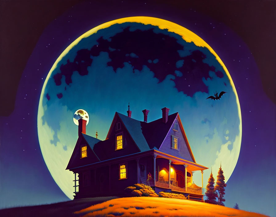 Victorian house on hill at night with full moon, bats, and smaller moon