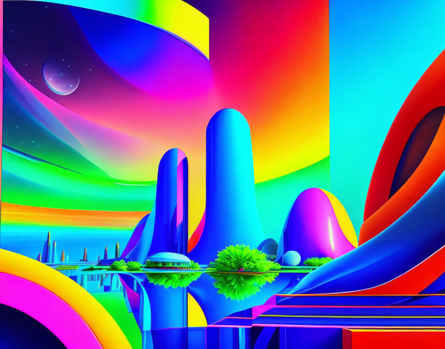 Colorful Surreal Landscape with Neon Colors and Futuristic Trees