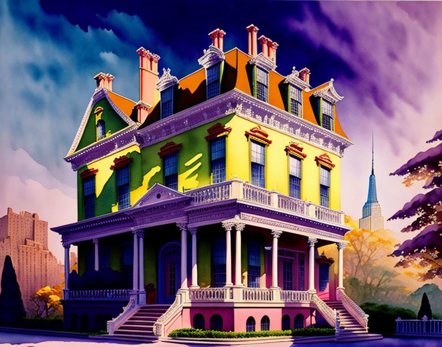 Colorful Victorian House with White Columns in Twilight Cityscape