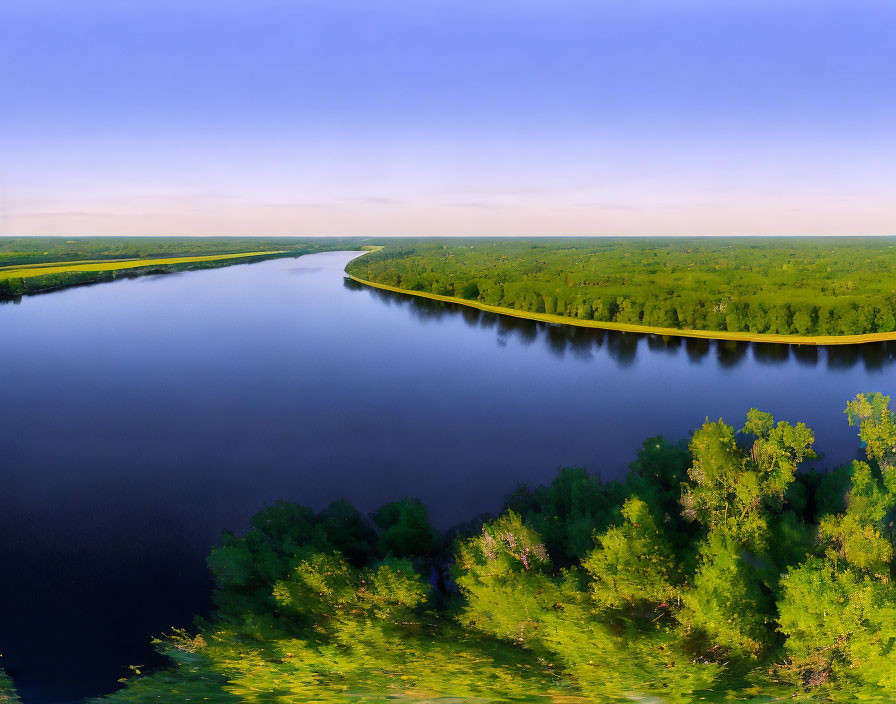 Tranquil river flowing through lush green landscape