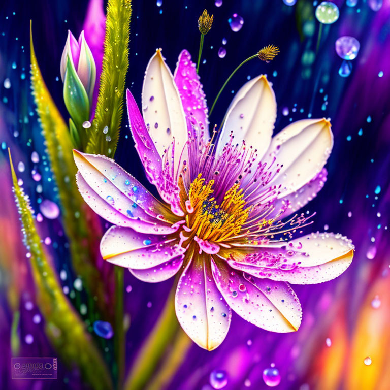 Colorful flower illustration with dewdrops and luminous streaks in a dreamlike setting