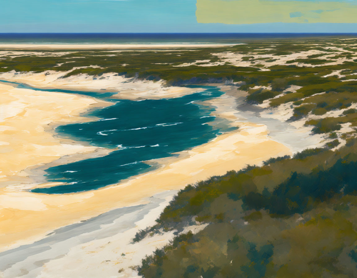 Coastal Landscape Painting with Blue Water, Sandy Shores, and Green Shrubs