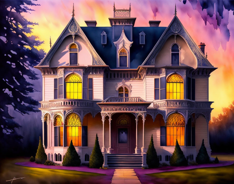 Victorian-style house with ornate windows in vibrant sunset setting