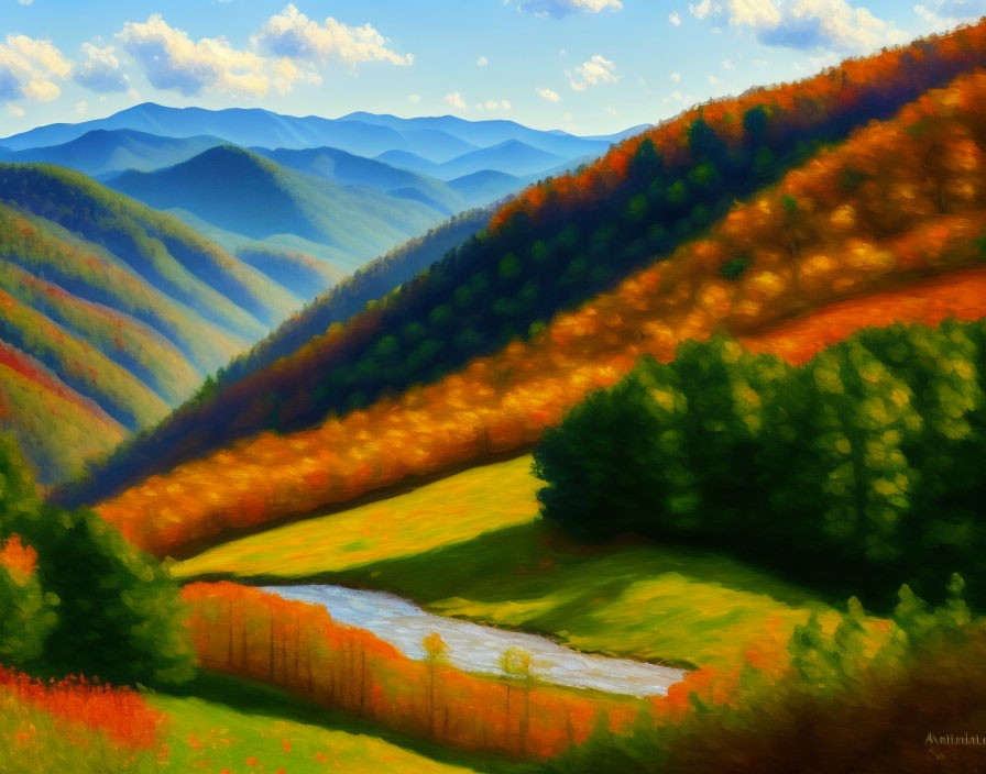 Serene valley with river, autumn forests, rolling hills - vibrant painting