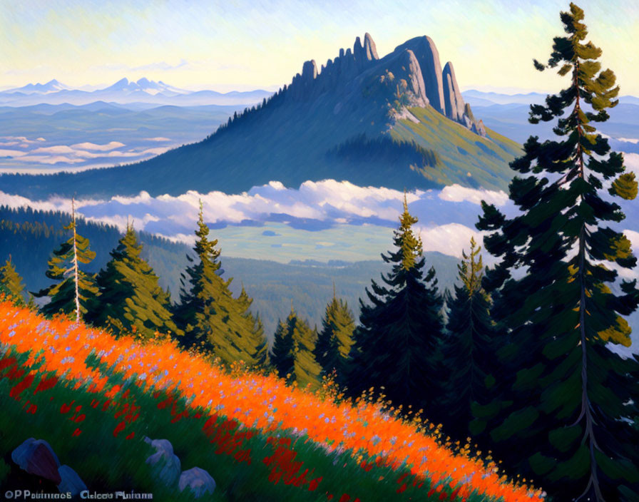 Mountainous Landscape Painting with Orange Flowers and Pine Trees