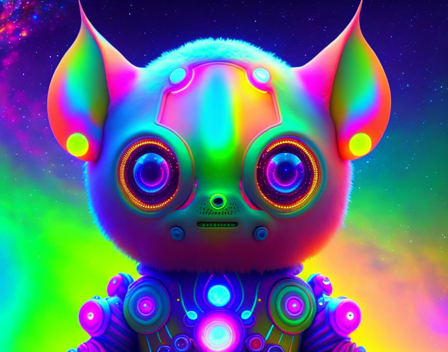 Colorful Stylized Robotic Creature on Neon Background