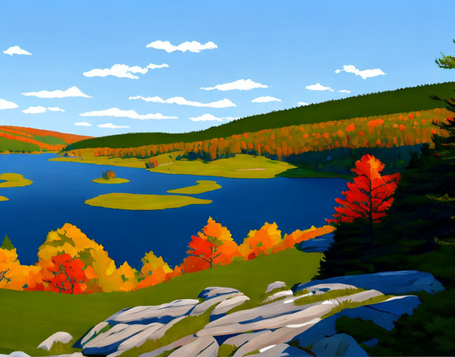 Colorful Autumn Landscape with Blue Lake and Rocky Outcrops