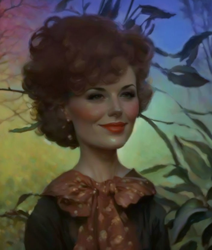 Portrait of woman with curly auburn hair and red lipstick in ruffled blouse against floral backdrop