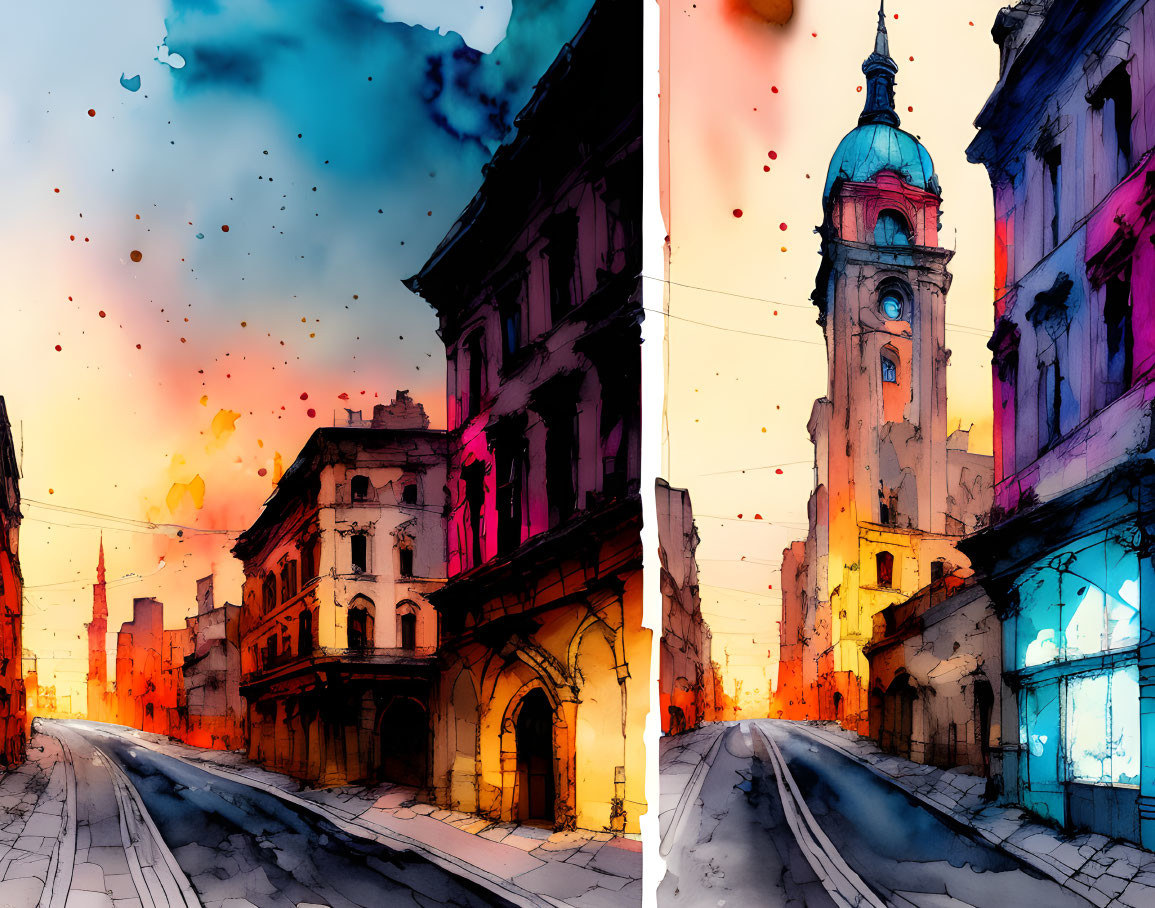 European Street Watercolor Illustration with Clock Tower