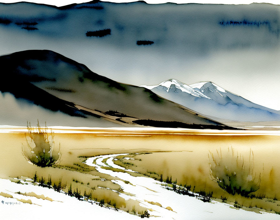 Serene watercolor landscape with mountains, golden field, and stream