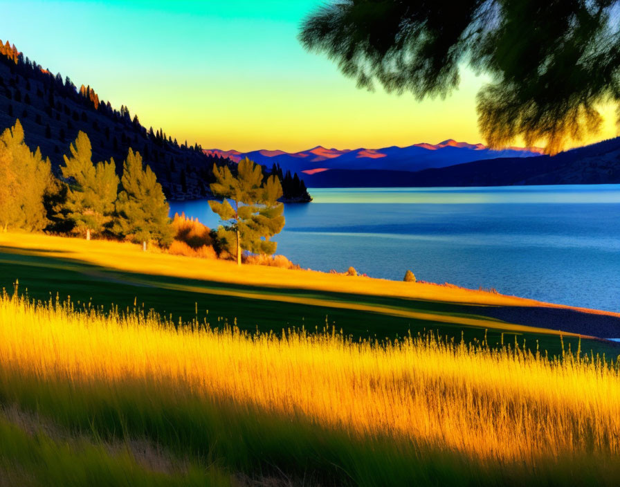 Tranquil sunset lake scene with golden grass, pine trees, and mountains under clear blue sky