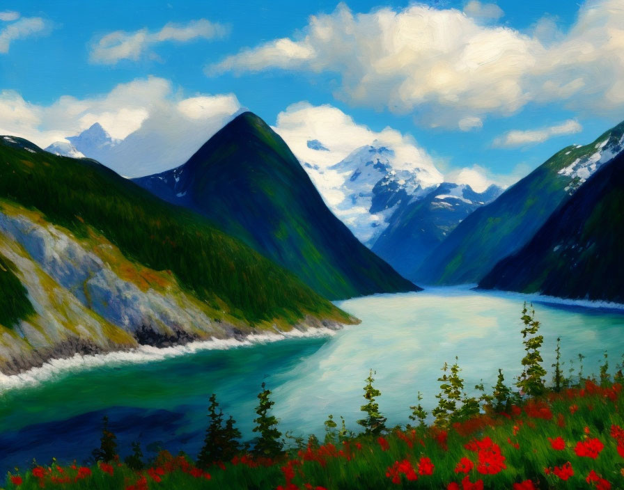 Mountainous Landscape Painting: Green Slopes, Blue River, Snow-Capped Peak, Red Flowers