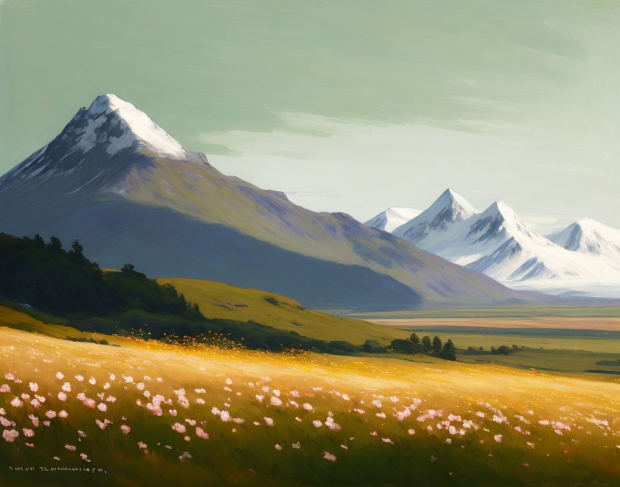 Tranquil landscape: lush meadow, scattered flowers, snow-capped mountains