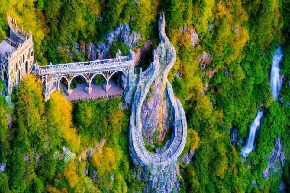 Aerial View of Stone Staircase and Arches in Lush Forest at Dusk