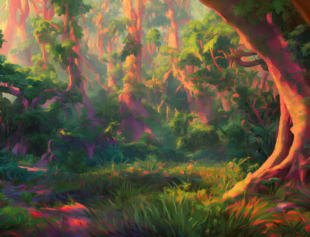 Lush magical forest with tall trees and sunlight rays