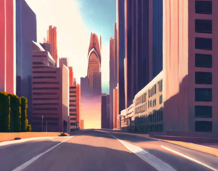 Empty urban street at sunrise/sunset with tall buildings and futuristic spire