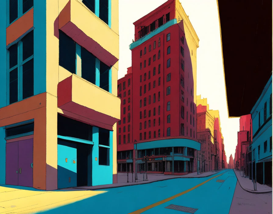 Vibrant illustration: deserted urban street, tall buildings, gradient sky