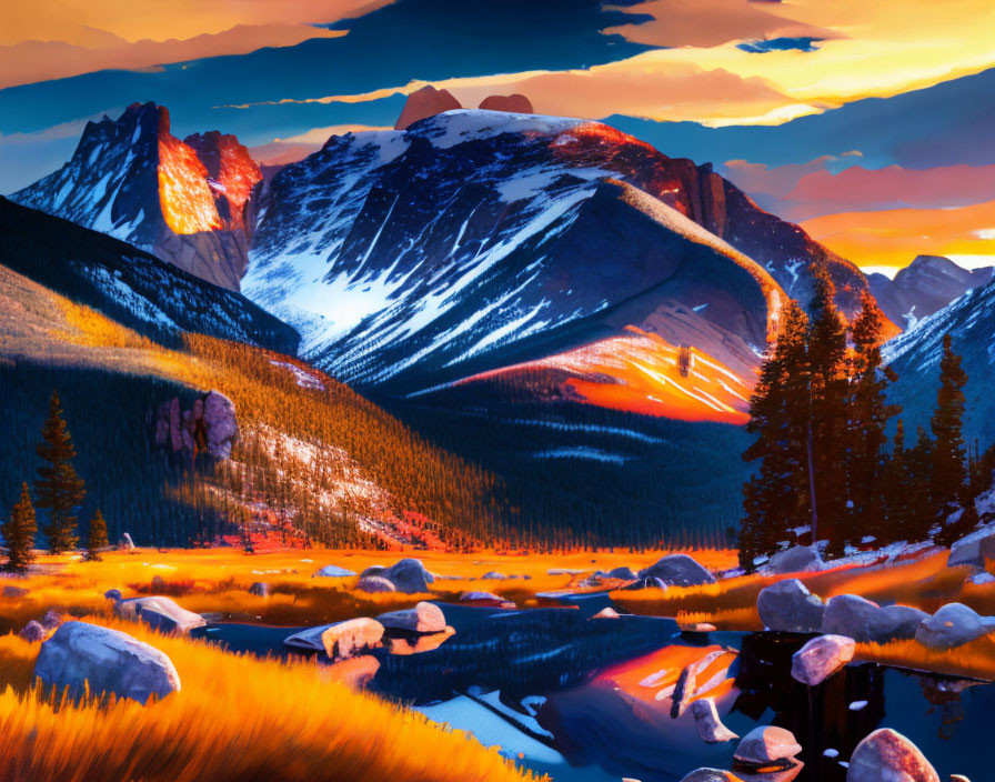 Vivid Sunset Over Snowy Mountain Landscape