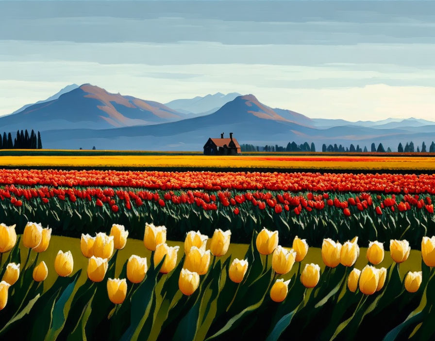 Colorful tulip field with distant house and mountains under clear sky