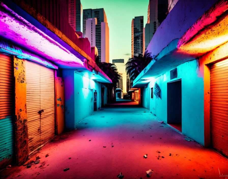 Vividly Colored Urban Alley with Neon Lights at Twilight