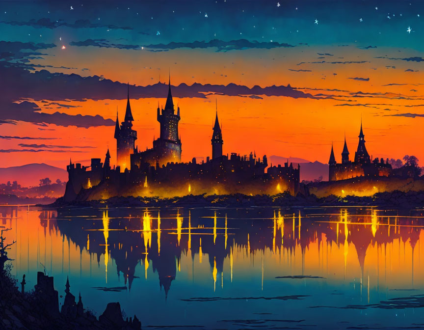 Silhouetted magical castle at sunset reflected on water