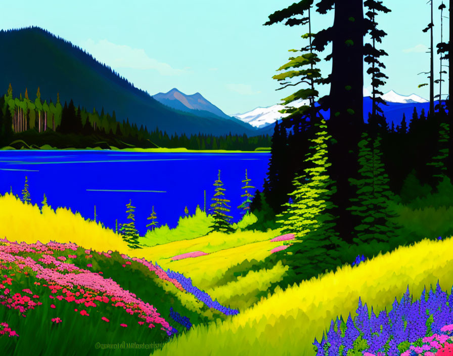 Colorful landscape painting with blue lake, greenery, wildflowers, and mountains