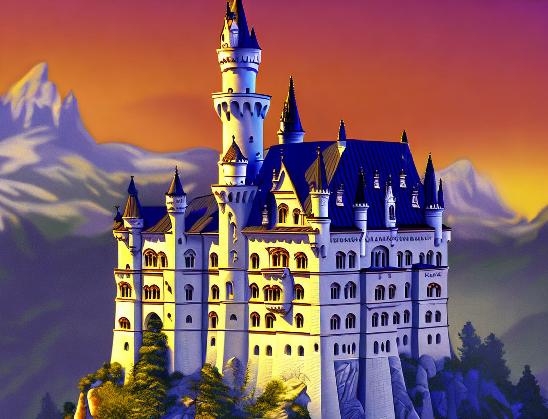 White Fairytale Castle Towers Against Twilight Sky & Mountains