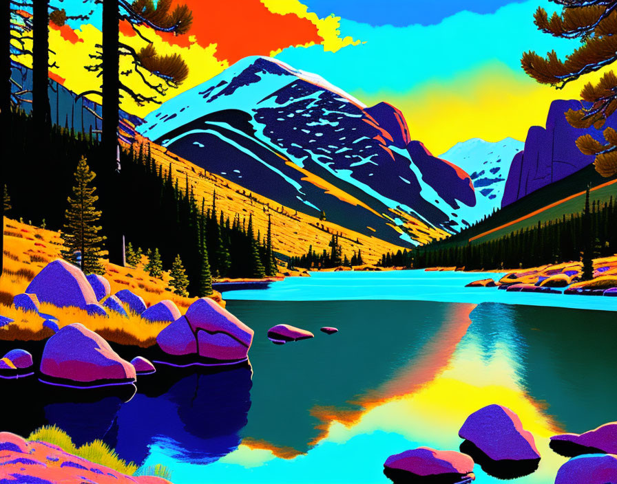 Colorful mountain landscape with lake, trees, boulders, and sunset/sunrise sky