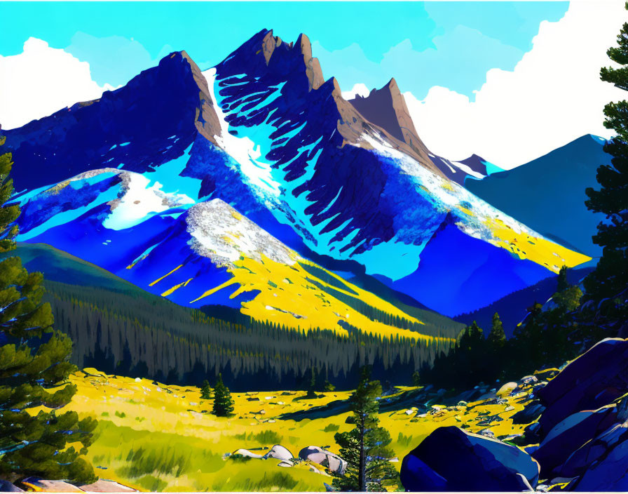 Vibrant mountain landscape with blue peaks, yellow meadows, and evergreen trees