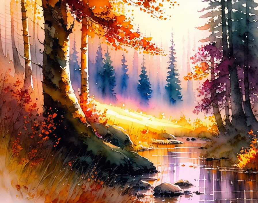 Vibrant autumnal forest scene with river and sunlight.