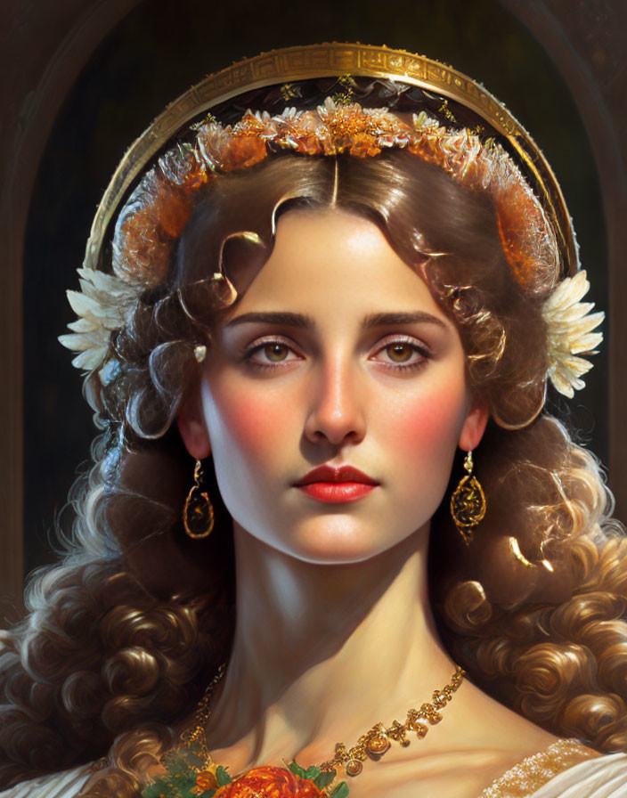 Regal woman portrait with golden headpiece and ornate necklace