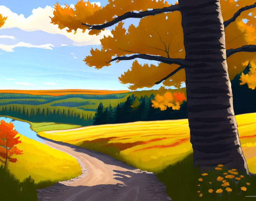 Scenic autumn landscape with golden trees, dirt road, and forest