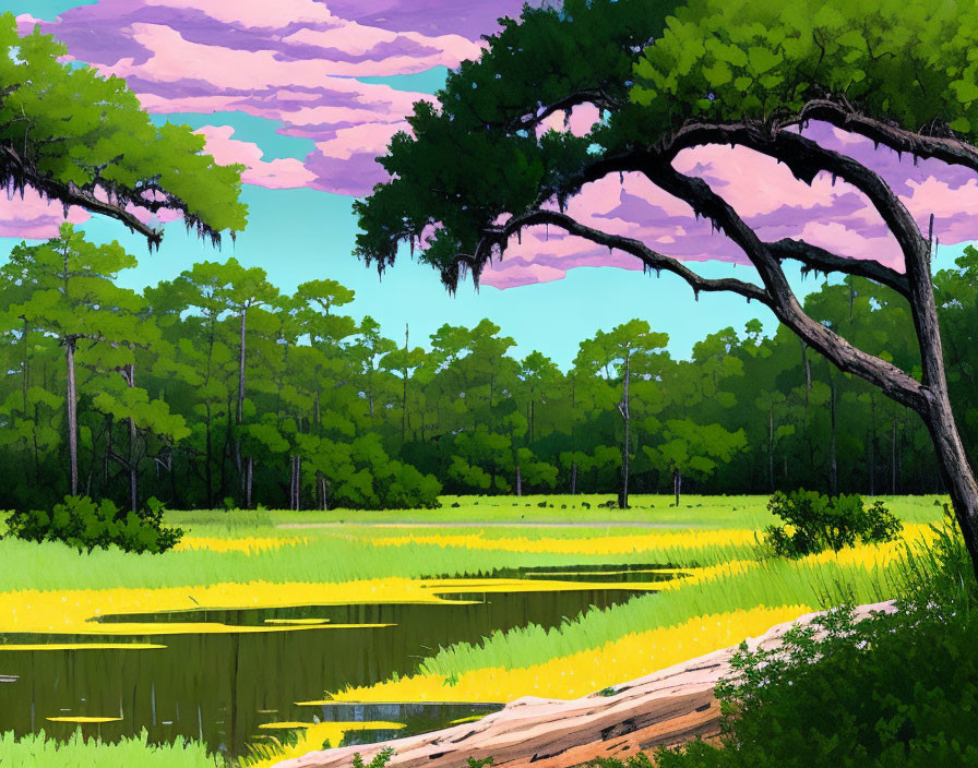 Illustration of serene landscape with green trees, pond, fallen log, purple clouds