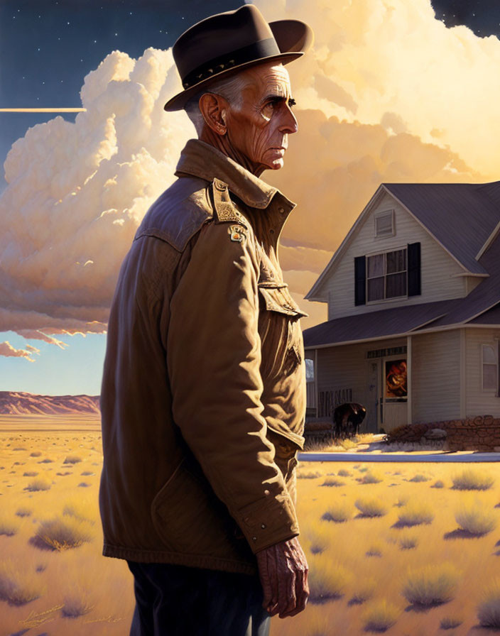 Elderly man in hat and coat in desert landscape with house, buffalo, and dramatic sky