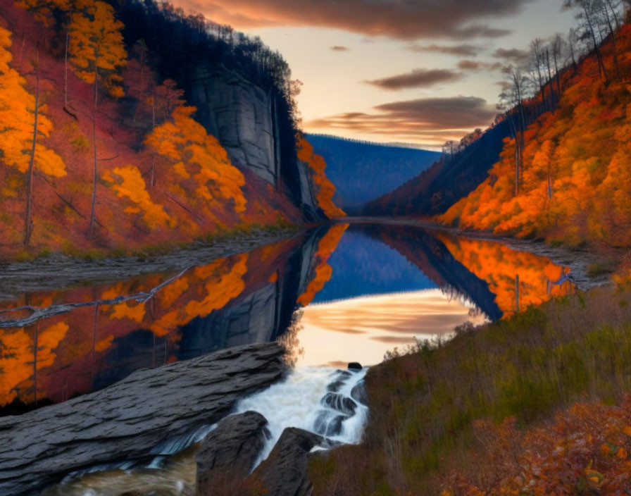 Tranquil autumn landscape with waterfall, colorful foliage, and twilight sky