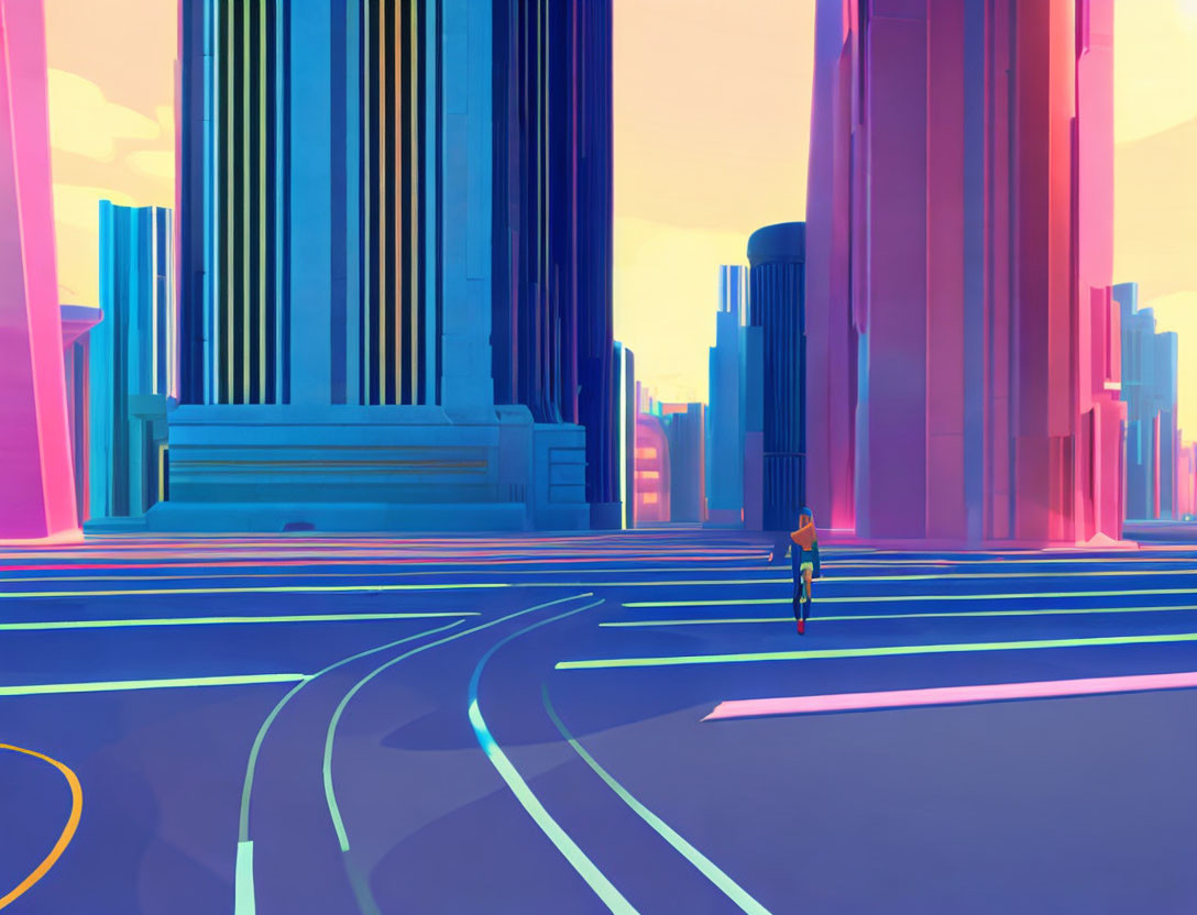 Futuristic city street with neon colors and skyscrapers