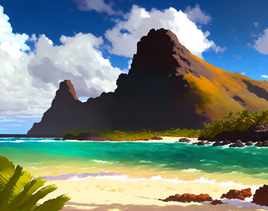 Scenic tropical beach with towering mountain