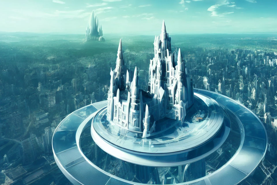 Futuristic cityscape with crystalline spires on circular platform