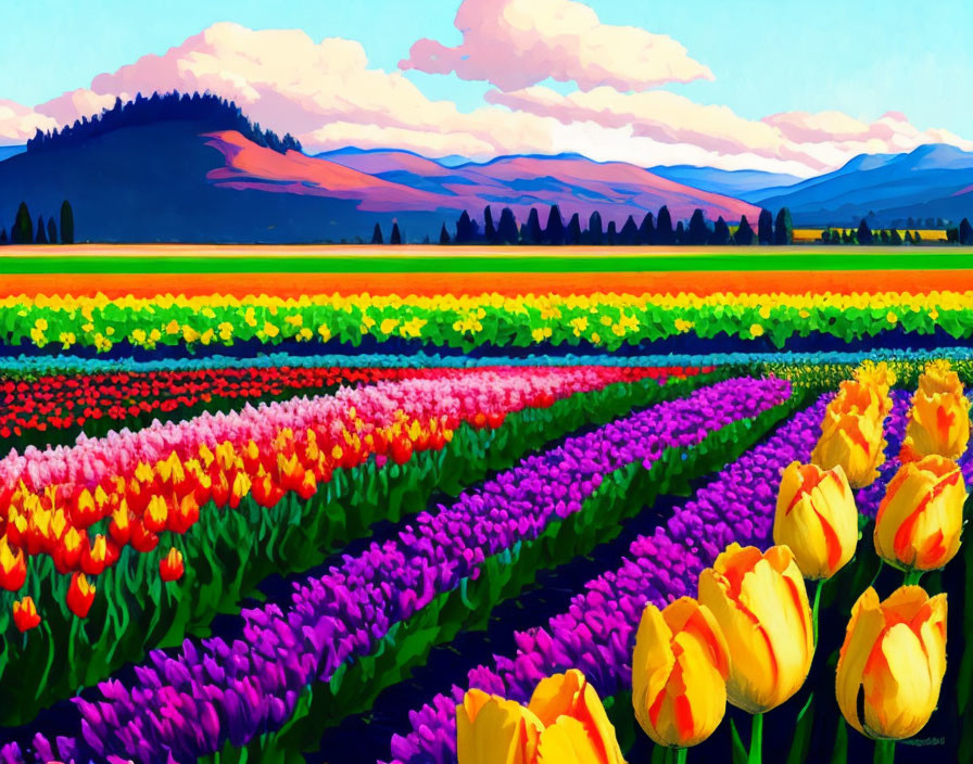 Vibrant tulip field painting under vivid sky